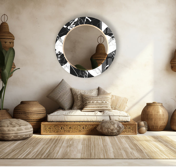 Black & White Marble Round Mirror – Elegant Modern Wall Accent