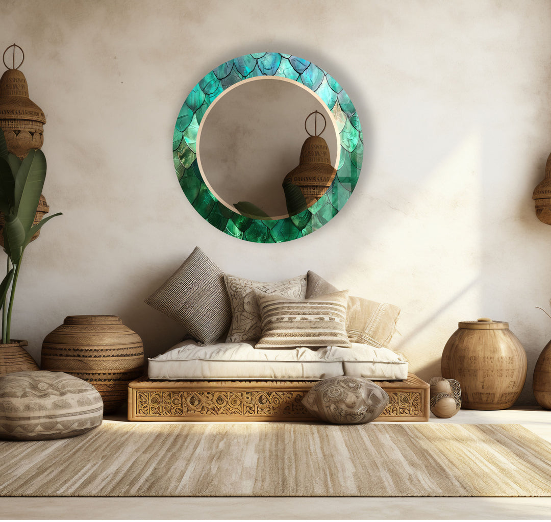 Green Mosaic Round Mirror – Leaf Texture Frame for Natural Decor