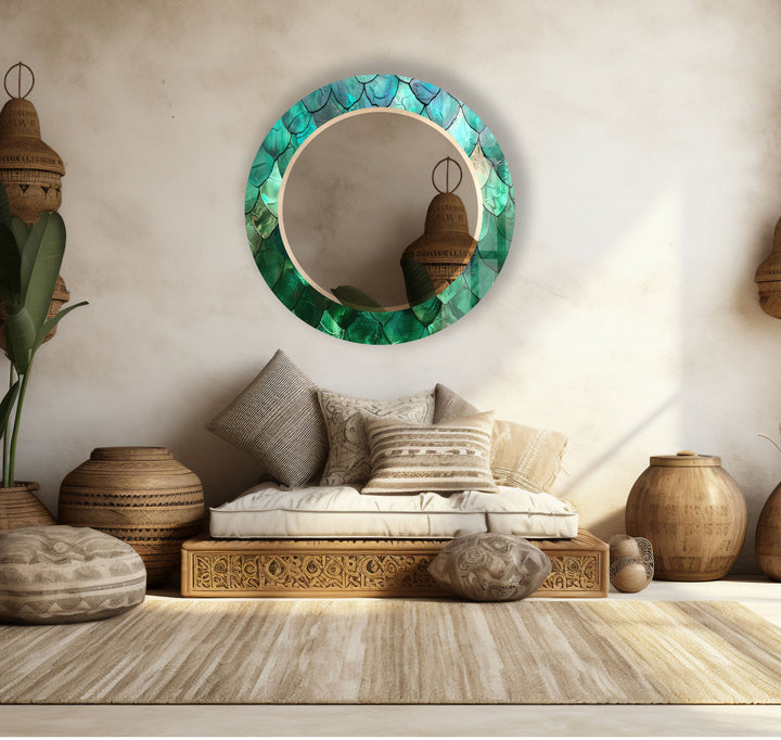 Green Mosaic Round Mirror – Leaf Texture Frame for Natural Decor