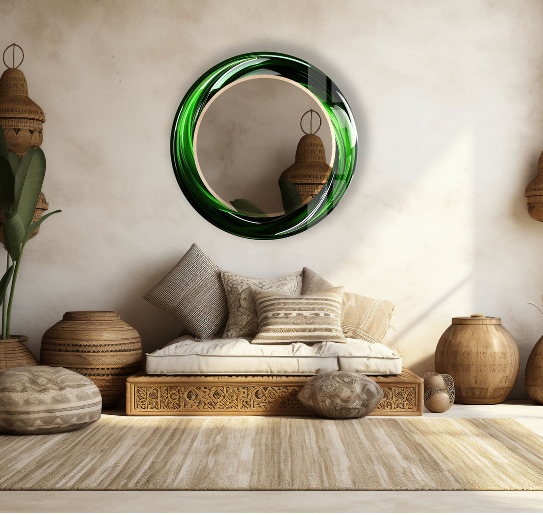 Green Swirl Round Mirror – Bold Glass Frame for Modern Wall Decor