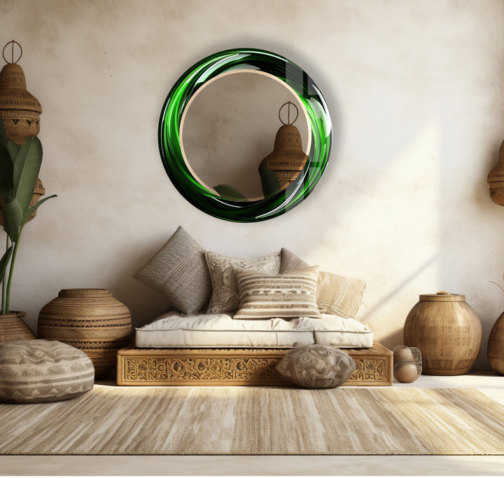 Green Swirl Round Mirror – Bold Glass Frame for Modern Wall Decor