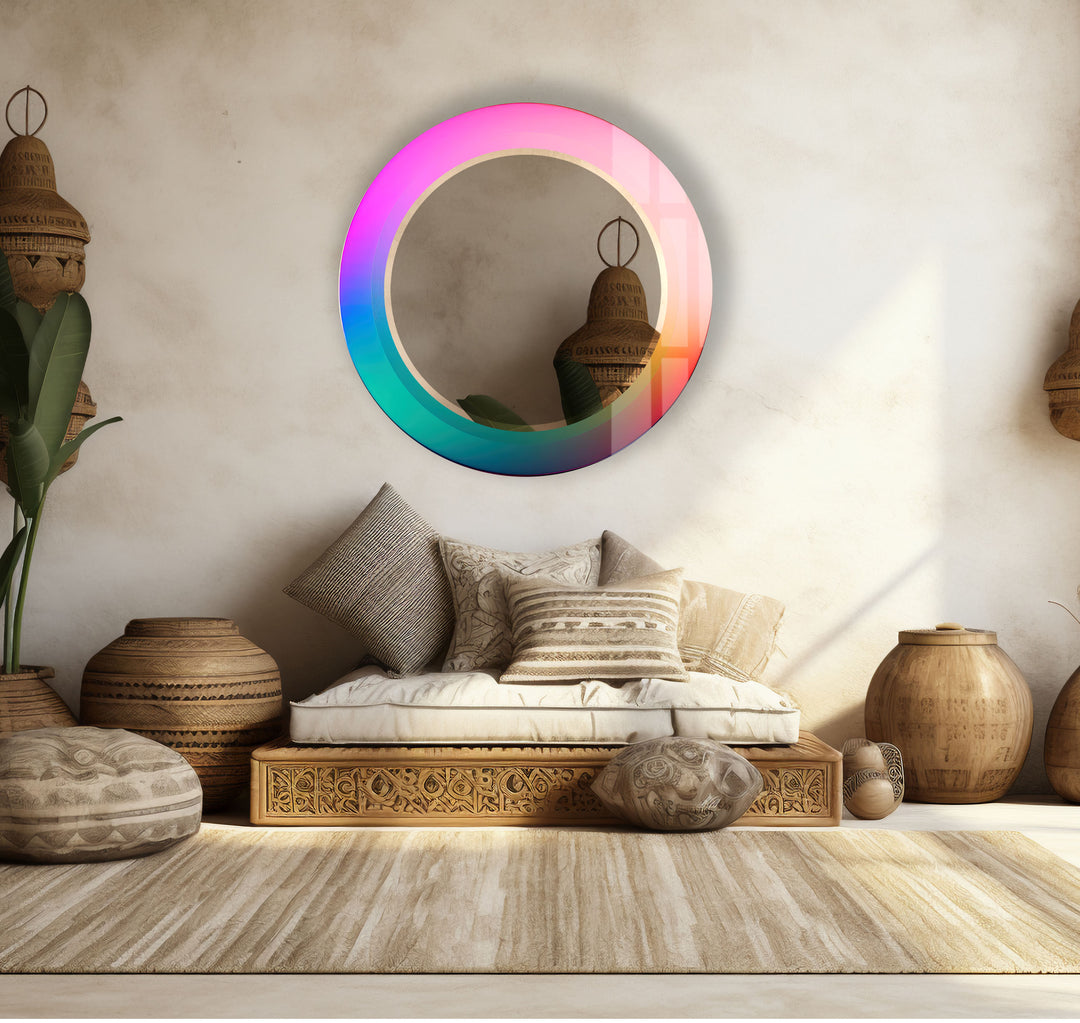 Gradient Rainbow Round Mirror – Pink Turquoise Frame for Decor