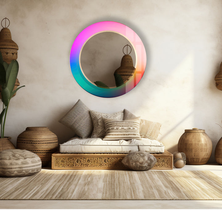 Gradient Rainbow Round Mirror – Pink Turquoise Frame for Decor