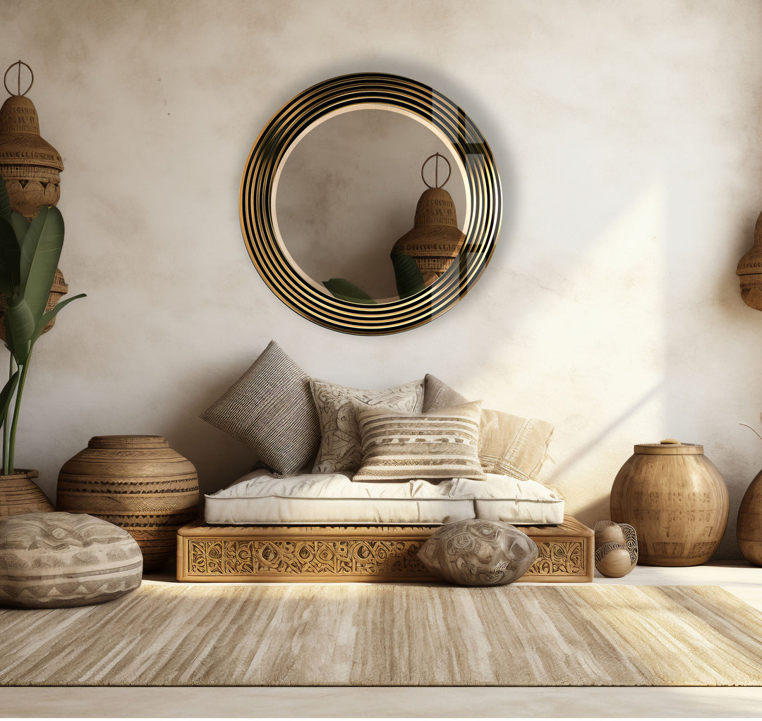 Modern Round Wall Mirror with Gold Striped Frame – Elegant Glass Decor for Living Room