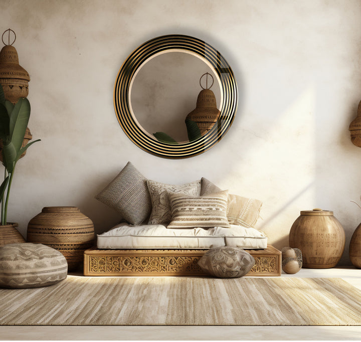 Modern Round Wall Mirror with Gold Striped Frame – Elegant Glass Decor for Living Room
