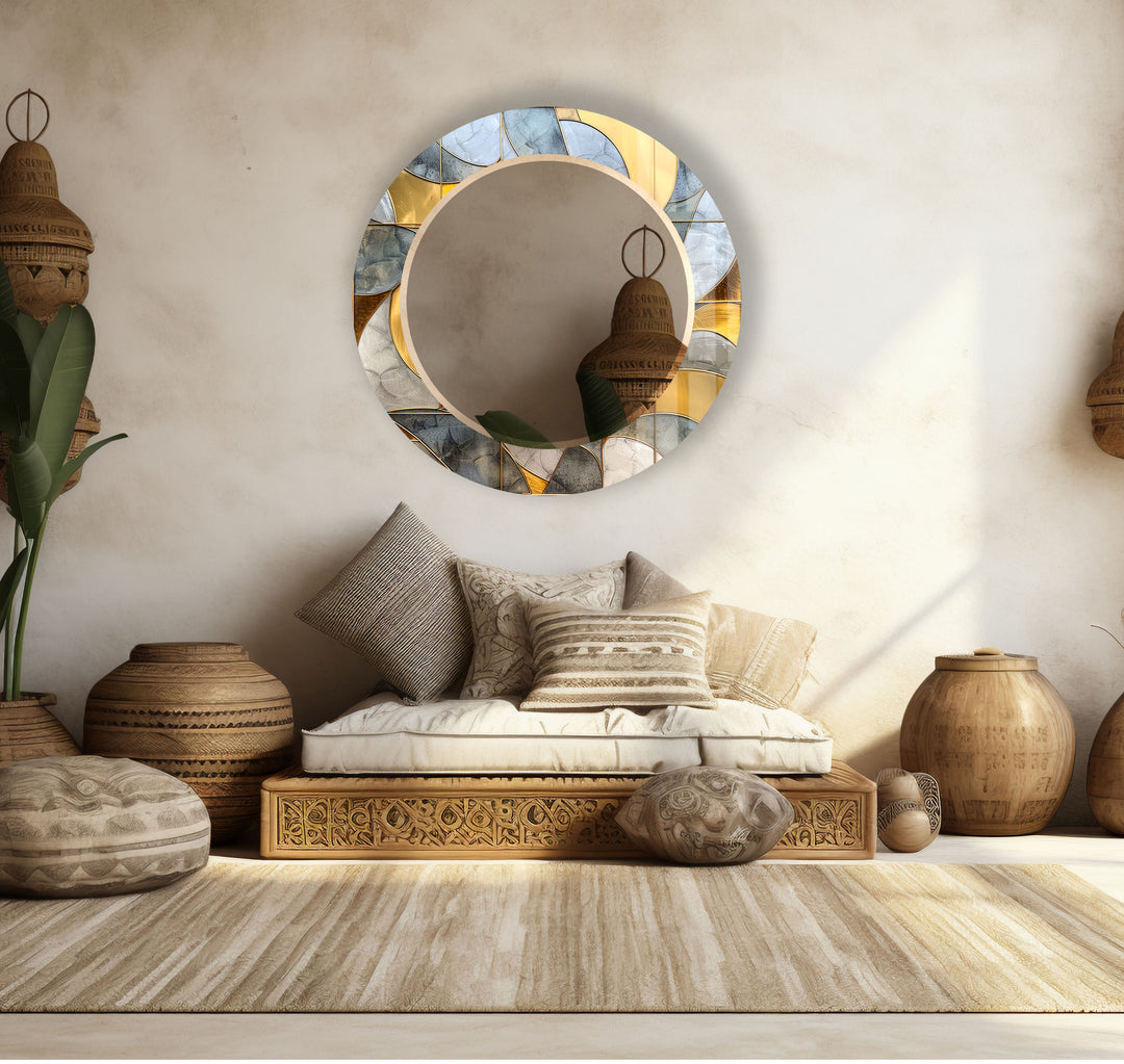 Gold & Blue Round Wall Mirror – Abstract Glass Frame for Decor