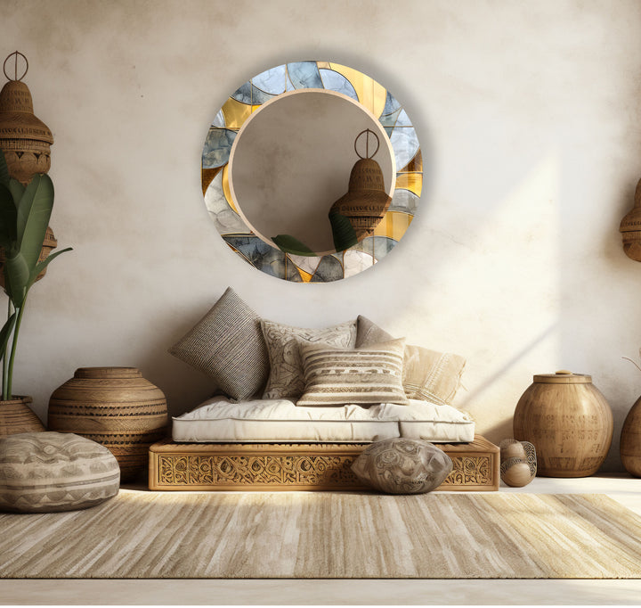 Gold & Blue Round Wall Mirror – Abstract Glass Frame for Decor
