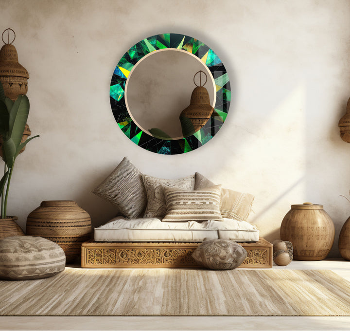 Emerald Geometric Round Mirror – Green Faceted Frame Wall Decor