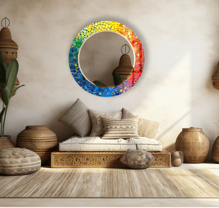 Rainbow Glass Mosaic Mirror – Vibrant Round Accent for Wall Decor