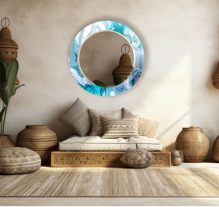 Aqua Blue Swirl Round Wall Mirror – Ocean-Inspired Glass Frame for Coastal Home Decor
