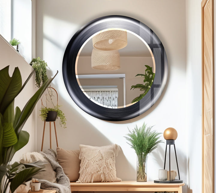 Modern Round Glass Wall Mirror – Sleek Black Frame, Minimalist Living Room Accent