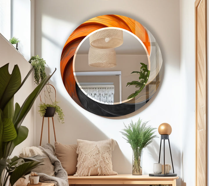 Modern Ombre Swirl Round Wall Mirror – Orange Black Frame for Contemporary Decor