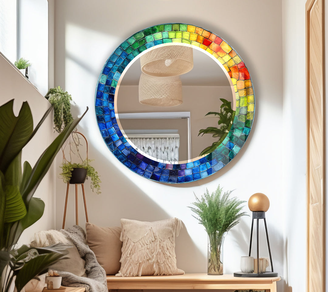 Rainbow Mosaic Glass Wall Mirror – Vibrant Round Frame Accent
