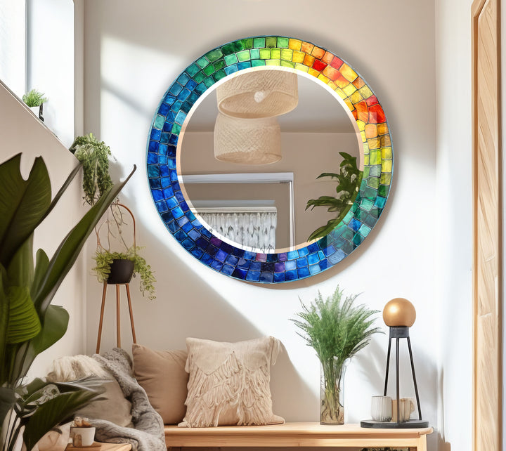 Rainbow Mosaic Glass Wall Mirror – Vibrant Round Frame Accent