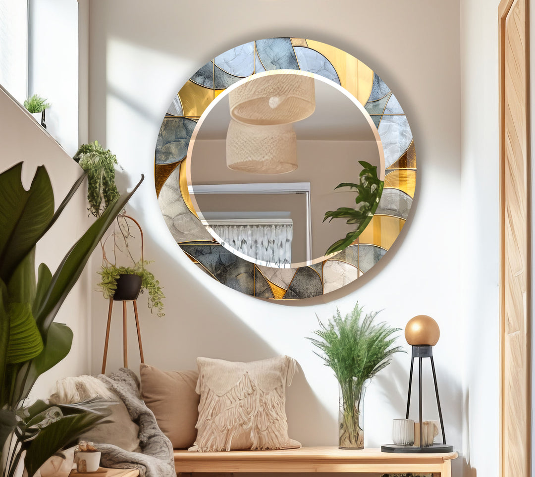 Gold & Blue Round Wall Mirror – Abstract Glass Frame for Decor