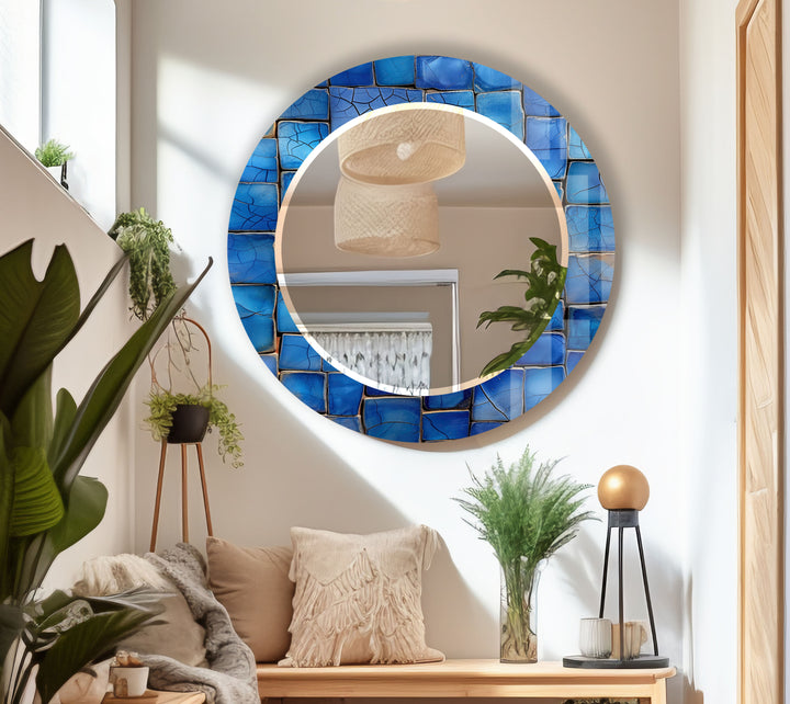 Runder Wandspiegel mit blauem Mosaik – Küstenglasrahmen für moderne Wohndekoration