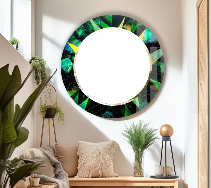 Emerald Geometric Round Mirror – Green Faceted Frame Wall Decor