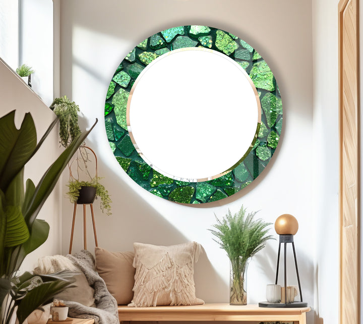 Emerald Mosaic Round Mirror – Green Gem Frame for Modern Wall Decor