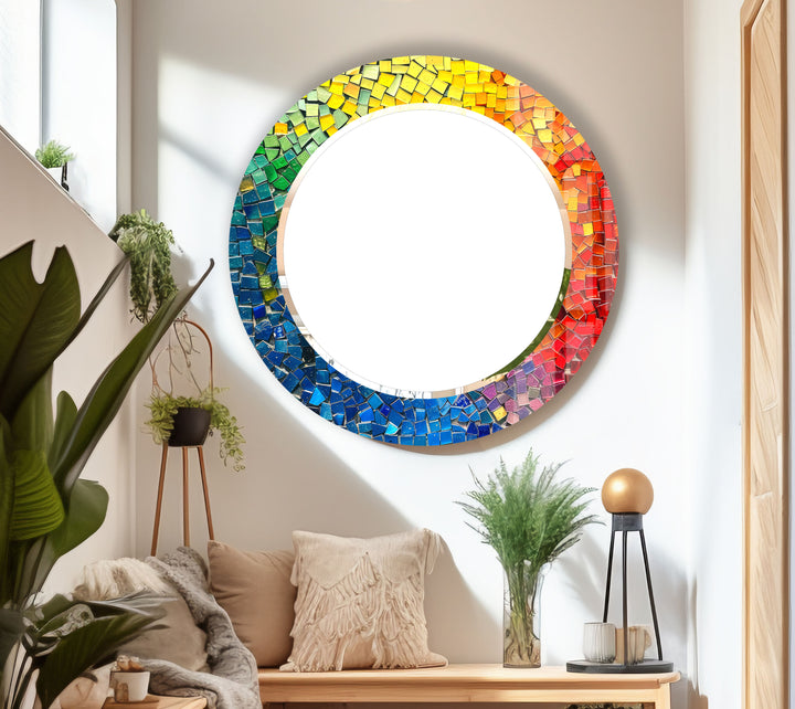 Rainbow Glass Mosaic Mirror – Vibrant Round Accent for Wall Decor