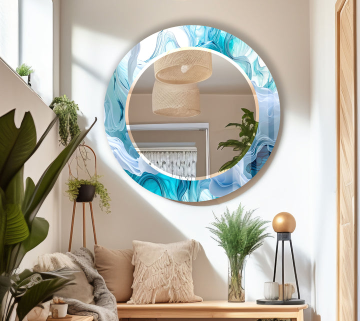 Aqua Blue Swirl Round Wall Mirror – Ocean-Inspired Glass Frame for Coastal Home Decor