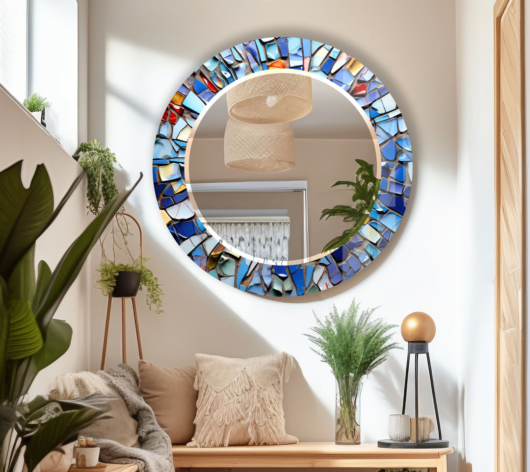 Blue Mosaic Round Mirror – Artistic Frame for Modern Wall Decor