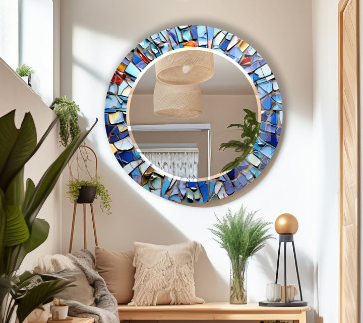 Blue Mosaic Round Mirror – Artistic Frame for Modern Wall Decor