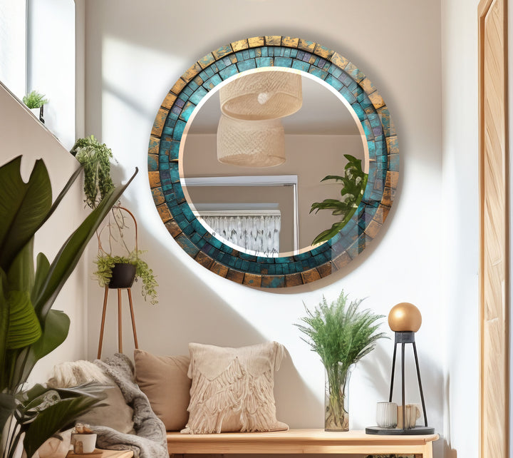 Runder Wandspiegel mit türkis-goldenem Mosaik – Rustikaler Boho-Glasrahmen für die Inneneinrichtung 