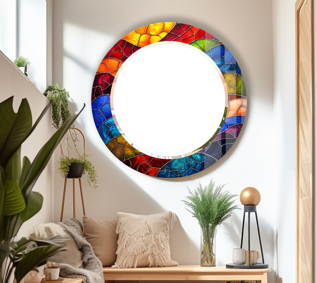 Colorful Stained Glass Round Mirror – Mosaic Frame Wall Accent