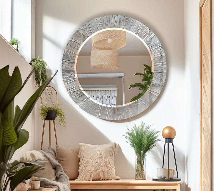 Silver Burst Round Wall Mirror – Textured Frame for Elegant Modern Decor