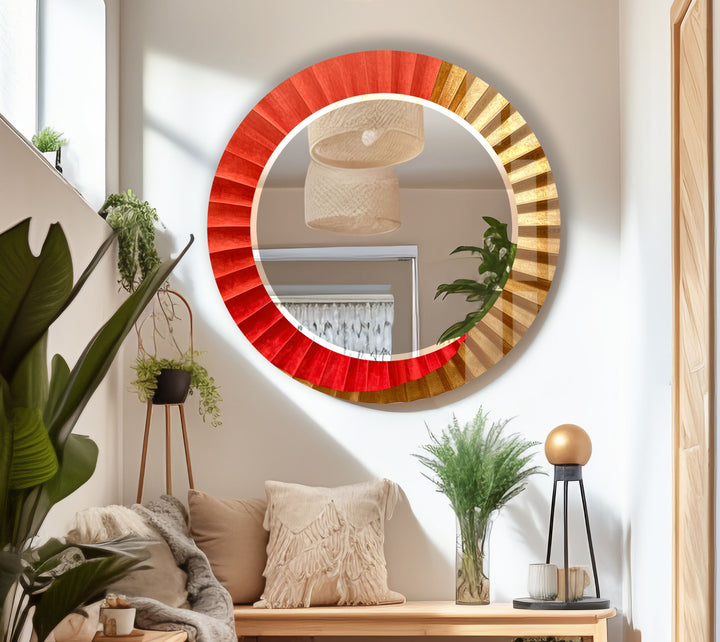 Sunburst Ombre Round Wall Mirror – Red & Gold Frame for Modern Decor