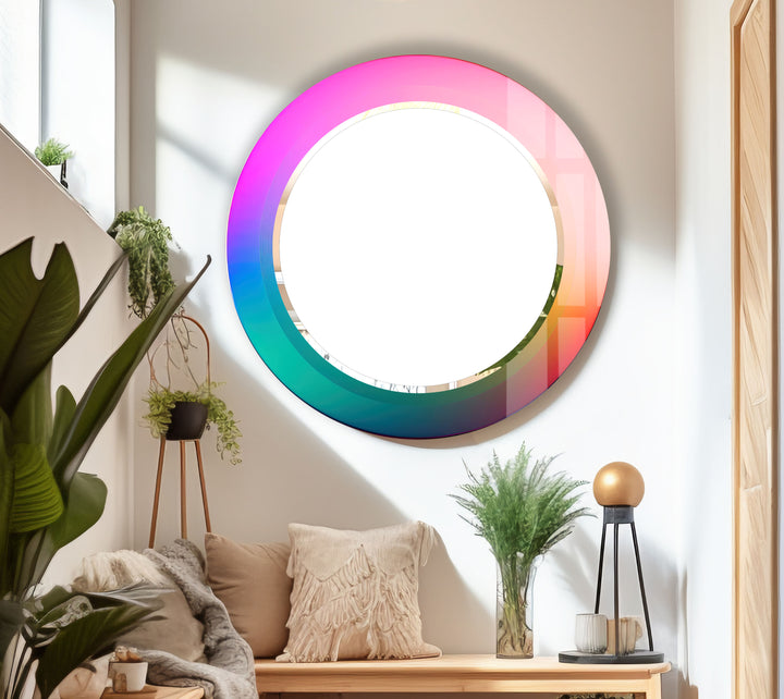 Gradient Rainbow Round Mirror – Pink Turquoise Frame for Decor