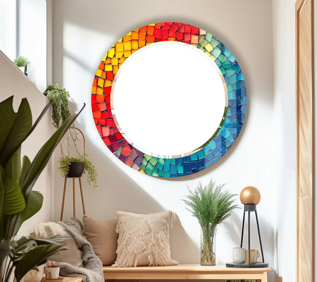 Rainbow Tile Mosaic Mirror – Colorful Round Glass for Wall Decor - MyPhotoStation