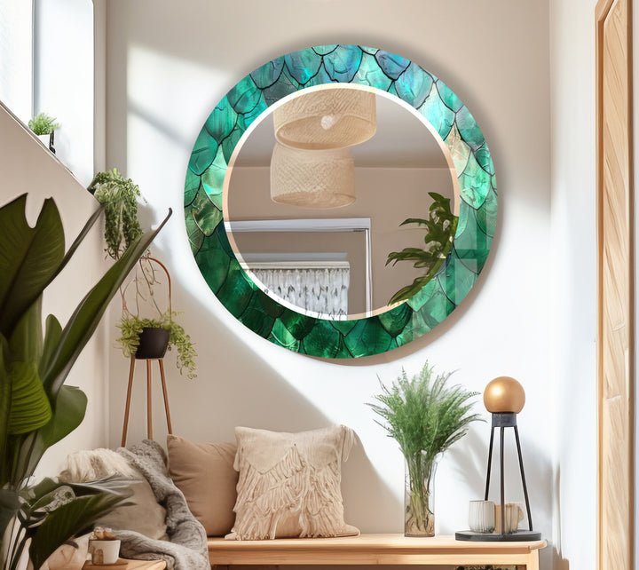 Green Mosaic Round Mirror – Leaf Texture Frame for Natural Decor