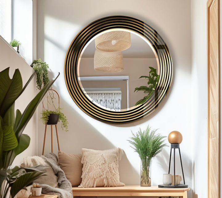 Modern Round Wall Mirror with Gold Striped Frame – Elegant Glass Decor for Living Room
