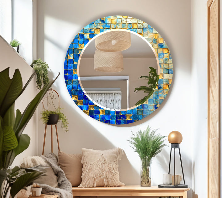 Blue & Gold Mosaic Round Mirror – Elegant Wall Accent for Homes