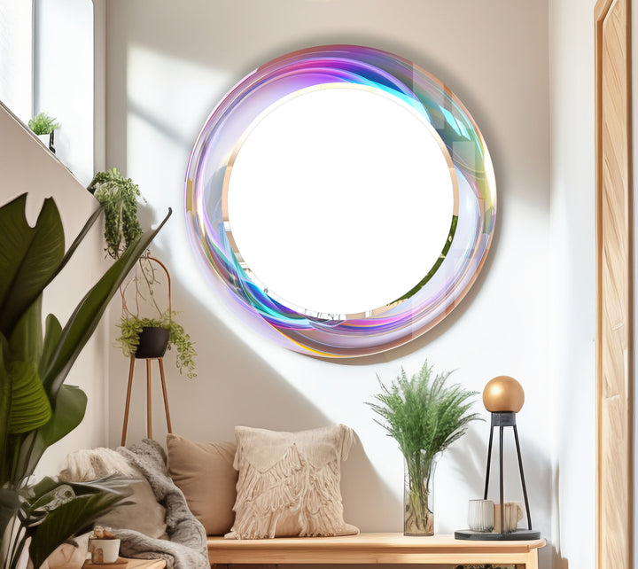 Holographic Swirl Glass Mirror – Iridescent Frame for Modern Decor