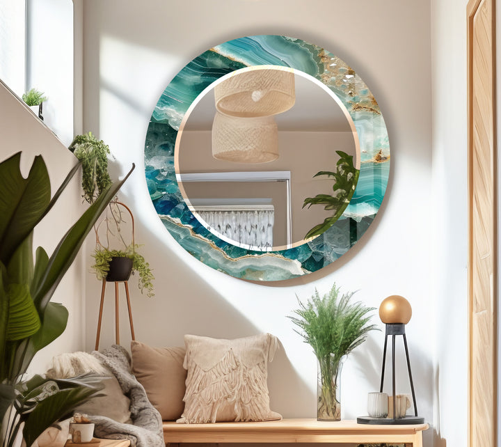 Green Agate Round Wall Mirror – Gemstone Pattern Glass Frame for Boho Interiors