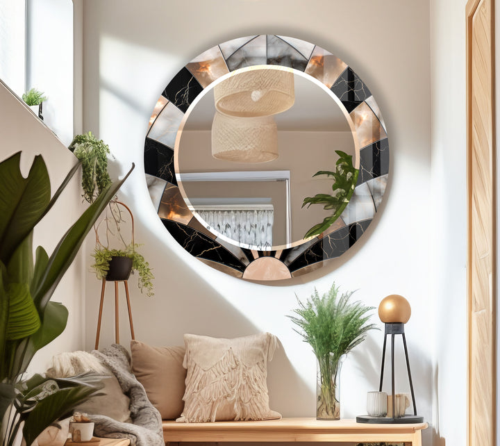 Black Marble Round Wall Mirror – Elegant Sunburst Frame Accent