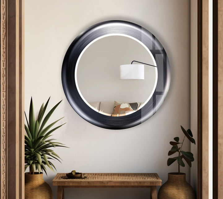 Modern Round Glass Wall Mirror – Sleek Black Frame, Minimalist Living Room Accent