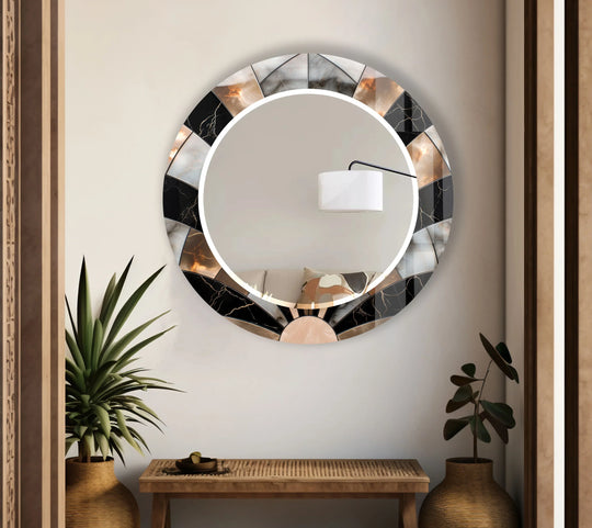 Black Marble Round Wall Mirror – Elegant Sunburst Frame Accent - MyPhotoStation
