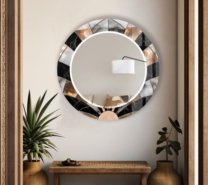 Black Marble Round Wall Mirror – Elegant Sunburst Frame Accent
