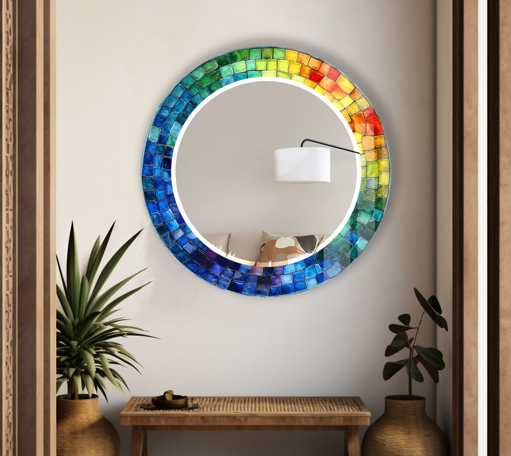 Rainbow Mosaic Glass Wall Mirror – Vibrant Round Frame Accent
