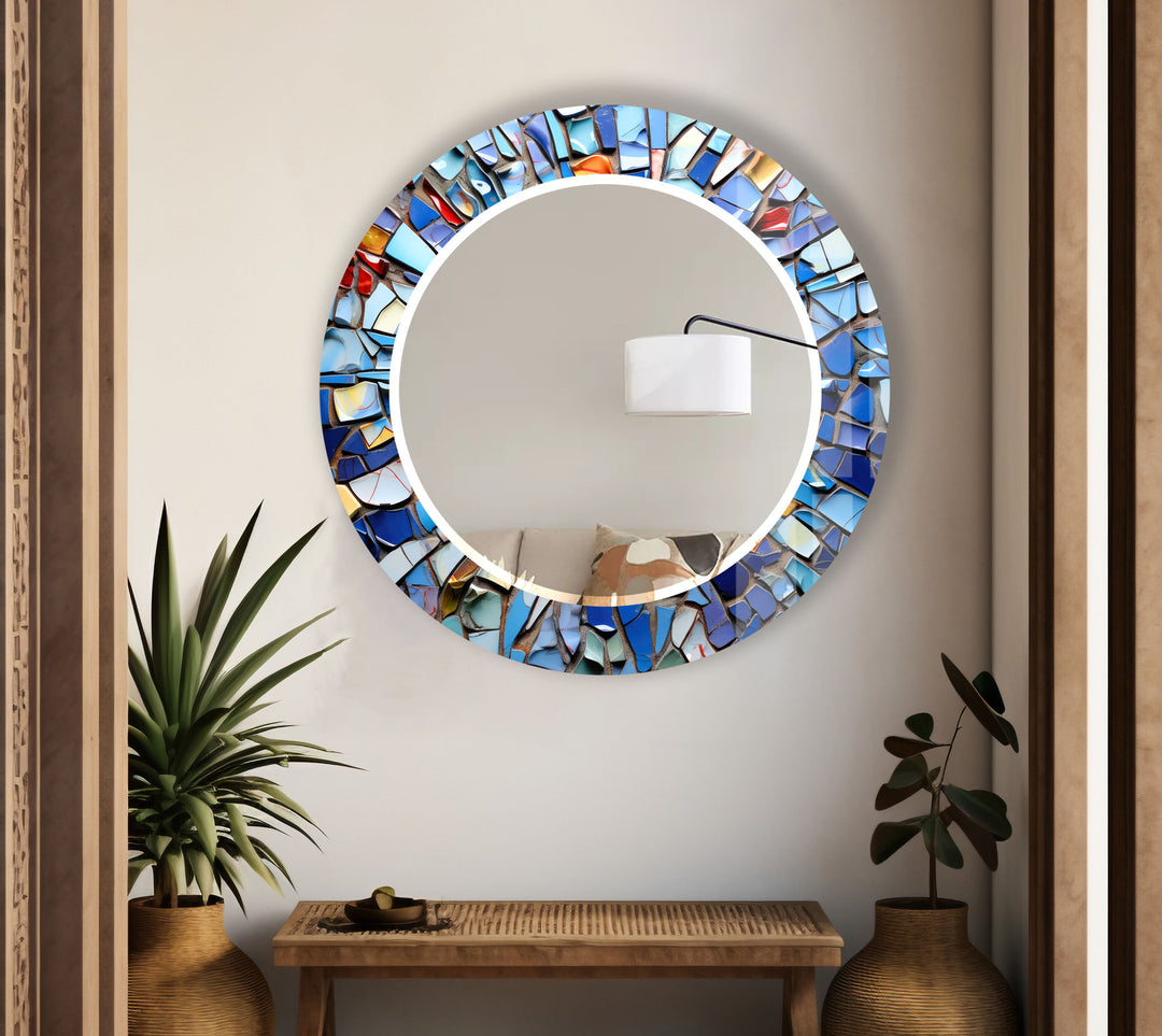 Blue Mosaic Round Mirror – Artistic Frame for Modern Wall Decor