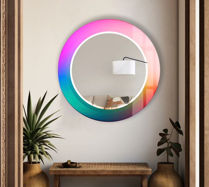 Gradient Rainbow Round Mirror – Pink Turquoise Frame for Decor
