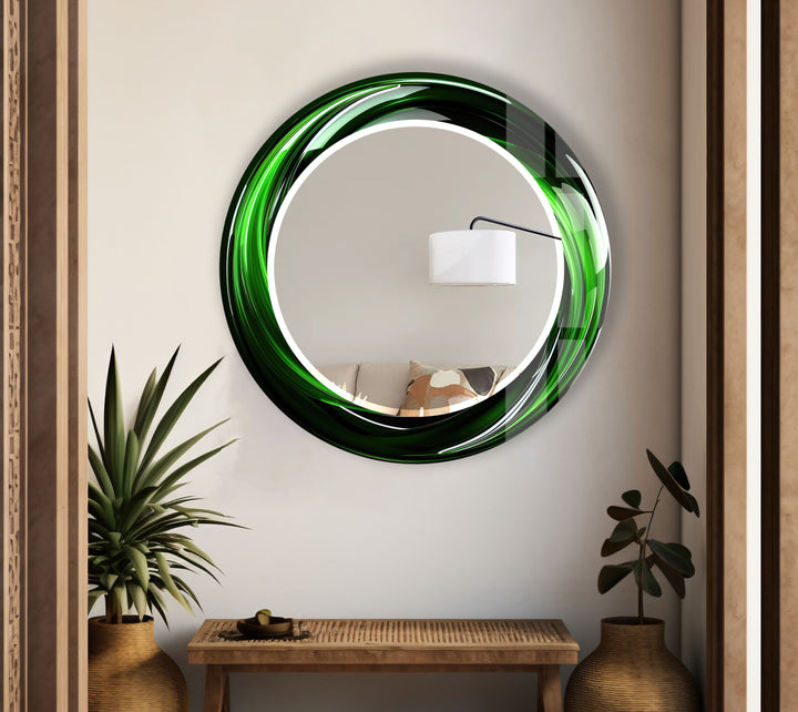 Green Swirl Round Mirror – Bold Glass Frame for Modern Wall Decor