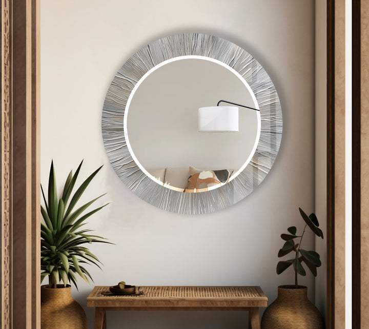 Silver Burst Round Wall Mirror – Textured Frame for Elegant Modern Decor