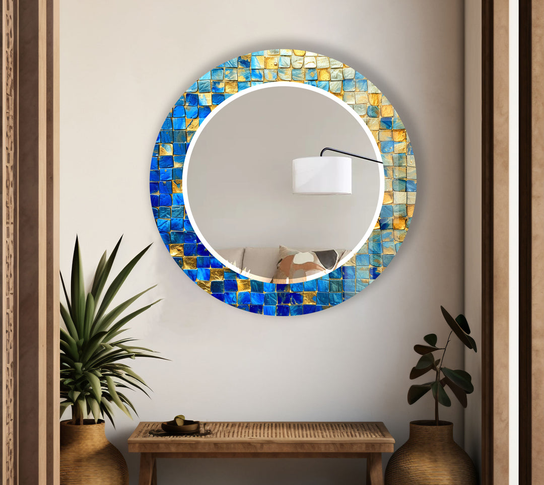 Blue & Gold Mosaic Round Mirror – Elegant Wall Accent for Homes