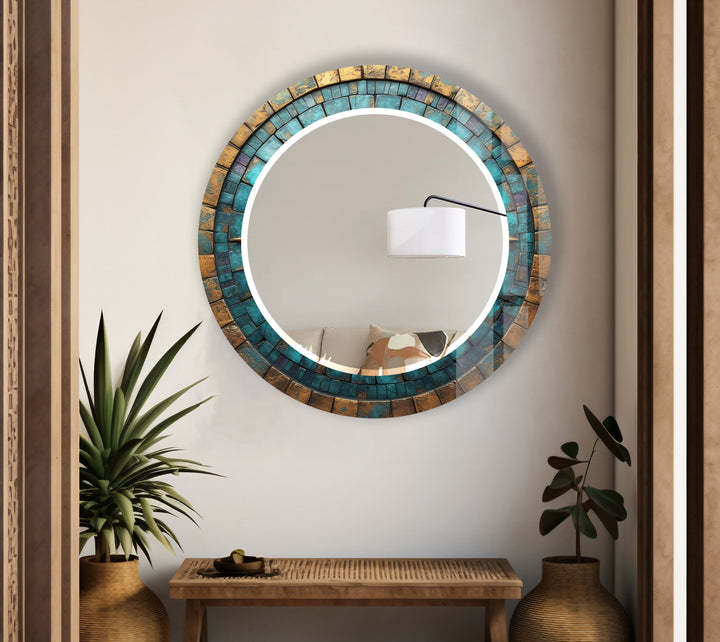 Runder Wandspiegel mit türkis-goldenem Mosaik – Rustikaler Boho-Glasrahmen für die Inneneinrichtung 