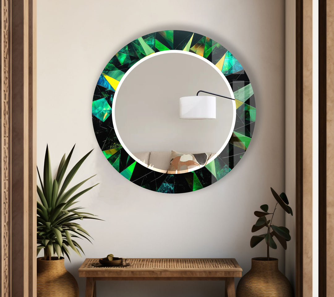 Emerald Geometric Round Mirror – Green Faceted Frame Wall Decor