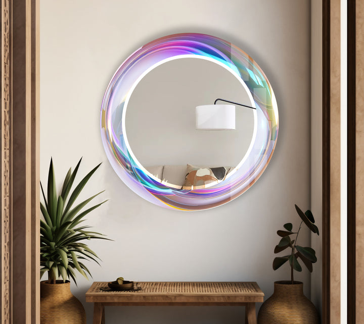 Holographic Swirl Glass Mirror – Iridescent Frame for Modern Decor